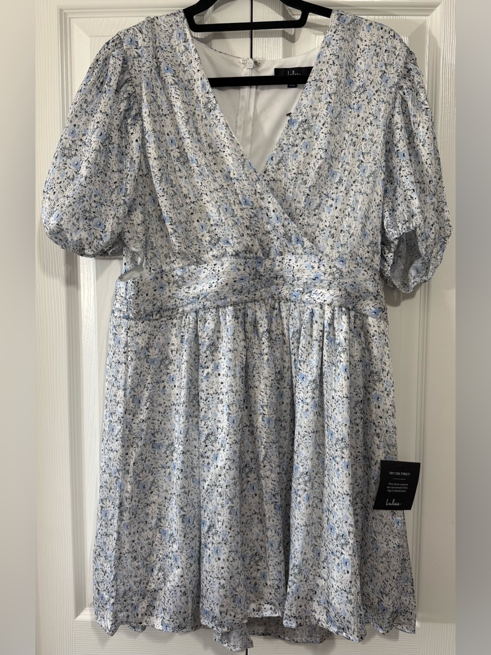 Lulu's Blue Floral Mini Dress XL NWT Puff Sleeve Wrap Skater Cottagecore